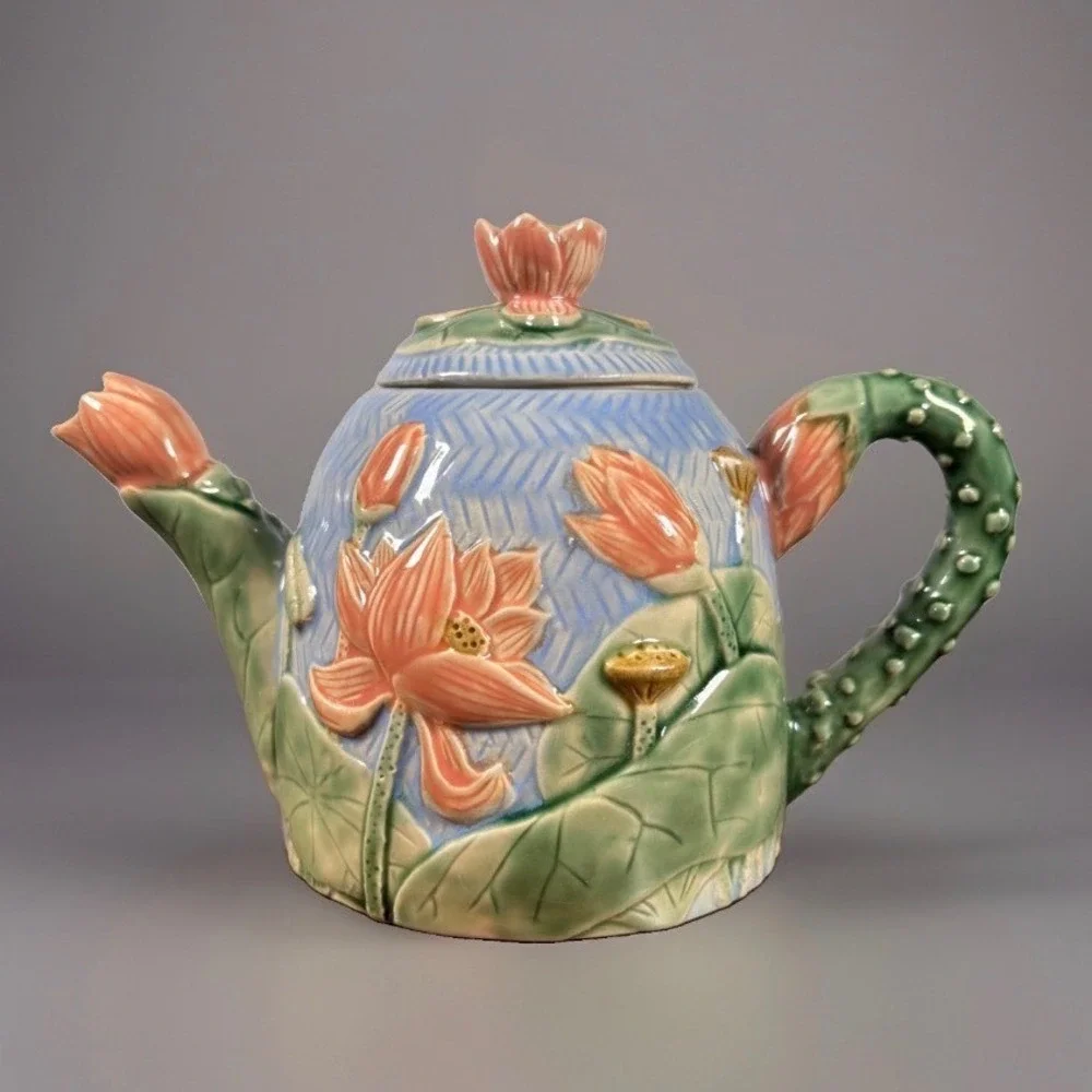 Henriksen Imports Lotus Flower Ceramic Teapot Pink Blue Majolica Style Floral
